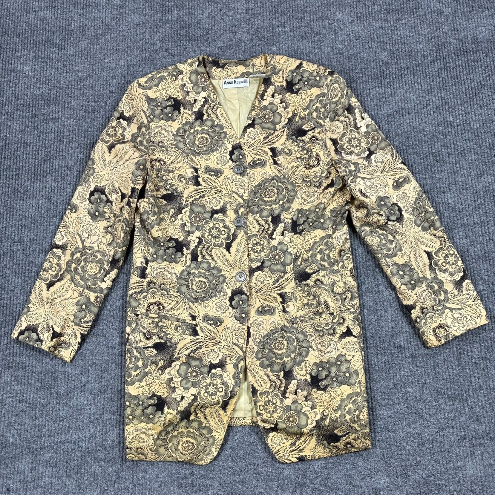 Vintage Anne Klein II Womens 14 Silk Floral Blazer Jacket Black Ivory Hong Kong